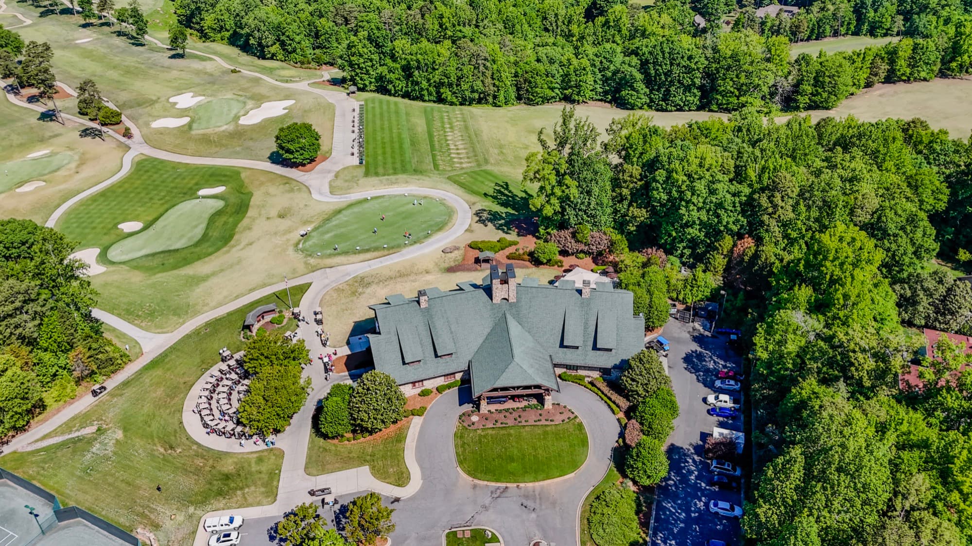 Aerial of a golf course clubhouse event venue by SQO SkyWorks, Charlotte NC